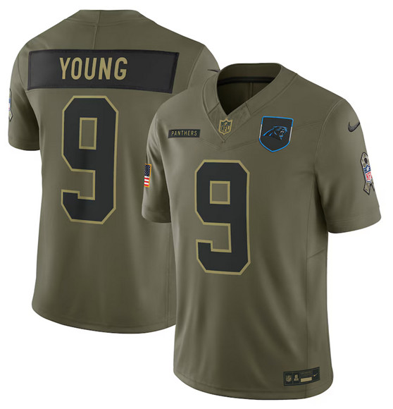 Men's Carolina Panthers 9 Bryce Young Olive 2025 Salute to Service Limited Football Stitched Jersey