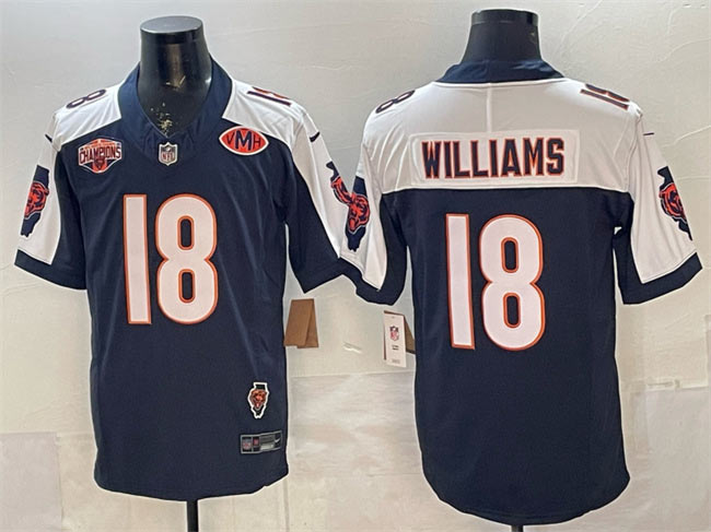 Men's Chicago Bears 18 Caleb Williams Navy White F.U.S.E. 2025 NFC North Division Champions & VMH Patch Vapor Untouchable Limited Stitched Football Jersey