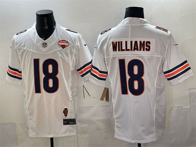 Men's Chicago Bears 18 Caleb Williams White F.U.S.E. 2025 NFC North Champions & Illinois Patch Stitched Football Jersey