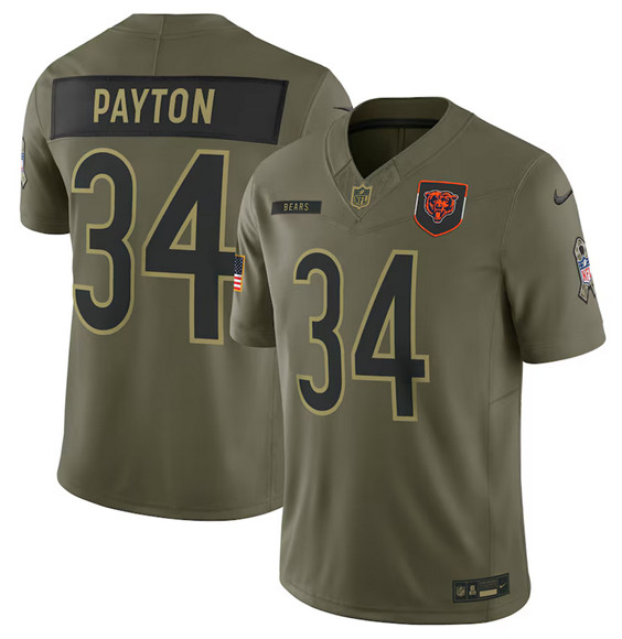 Men's Chicago Bears 34 Walter Payton Olive 2025 Salute to Service Limited Football Stitched Jersey
