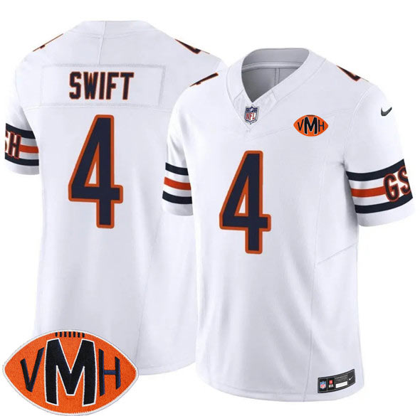 Men's Chicago Bears 4 D'Andre Swift White 2025 F.U.S.E. With Illinois and VMH Patch Vapor Untouchable Limited Football Stitched Jersey