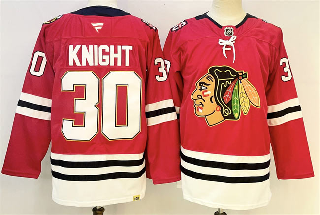 Men's Chicago Blackhawks 30 Spencer Knight Red 2025 Home 100th Anniversary Stitched Hockey Jersey