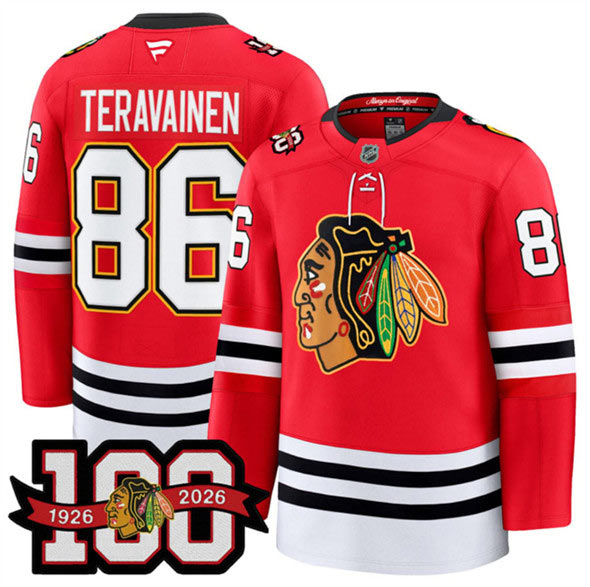 Men's Chicago Blackhawks 86 Teuvo Teravainen Red 2025 Home 100th Anniversary Stitched Hockey Jersey