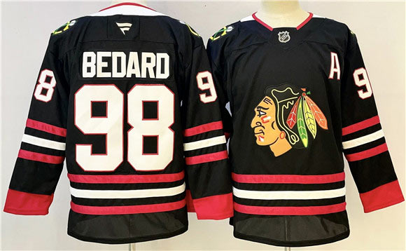 Men's Chicago Blackhawks 98 Connor Bedard Black With A Patch Stitched Hockey Jersey
