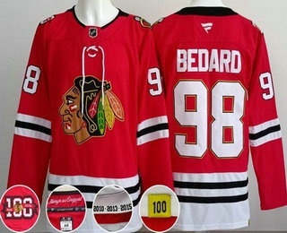 Men's Chicago Blackhawks 98 Connor Bedard Red 100 Years Anniversary Authentic Jersey