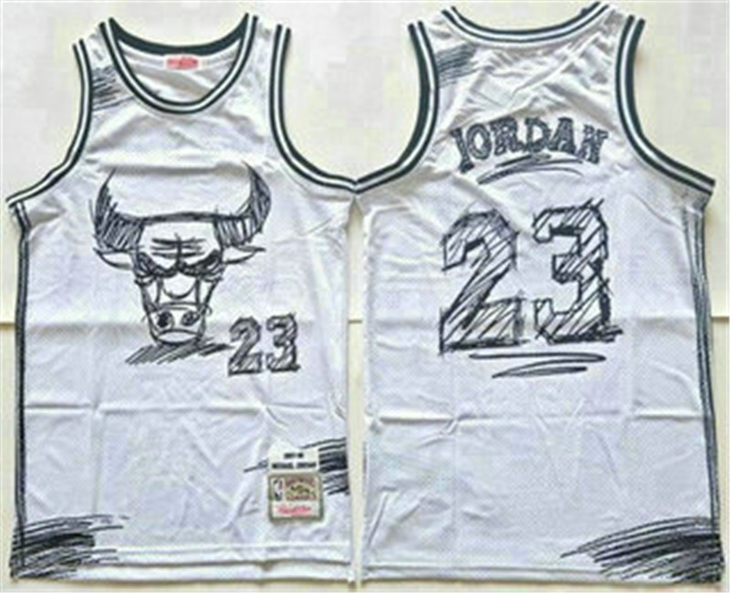 Men's Chicago Bulls 23 Michael Jordan White Sketch Swingman Jersey
