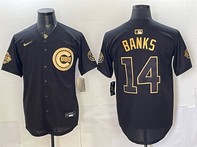Men's Chicago Cubs 14 Ernie Banks Black Gold 150th Anniversary Patch Stitched Baseball Jersey