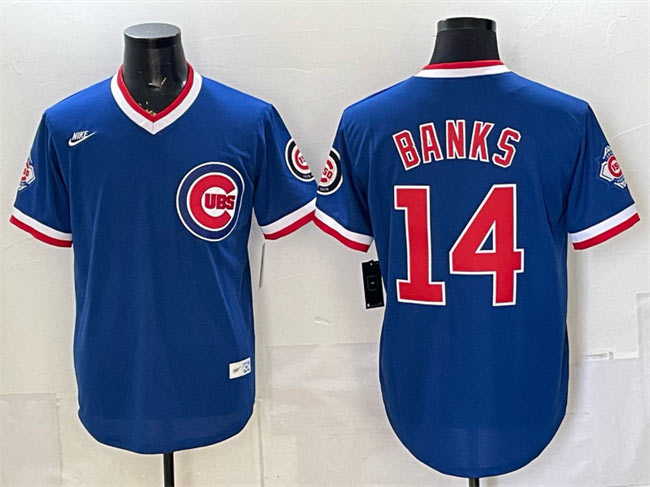Men's Chicago Cubs 14 Ernie Banks Royal 150th Anniversary Throwback Vapor Limited Stitched Baseball Jersey