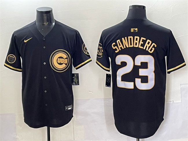 Men's Chicago Cubs 23 Ryne Sandberg Black Gold 'Ryne Sandberg Tribute' Vapor Limited V2 Stitched Baseball Jersey
