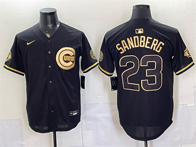Men's Chicago Cubs 23 Ryne Sandberg Black Gold 150th Anniversary Patch Stitched Baseball Jersey