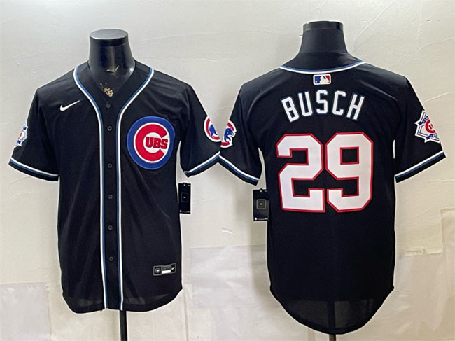 Men's Chicago Cubs 29 Michael Busch 150th Anniversary Black Out Style Vapor Premier Limited Stitched Baseball Jersey