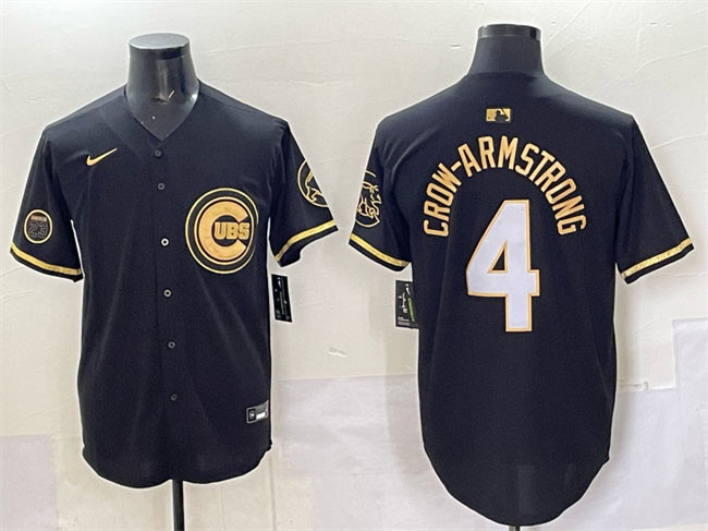 Men's Chicago Cubs 4 Pete Crow Armstrong Black Gold 'Ryne Sandberg Tribute' Vapor Limited V2 Stitched Baseball Jersey