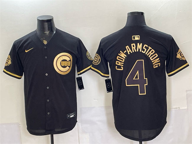 Men's Chicago Cubs 4 Pete Crow Armstrong Black Gold 150th Anniversary Patch Stitched Baseball Jersey