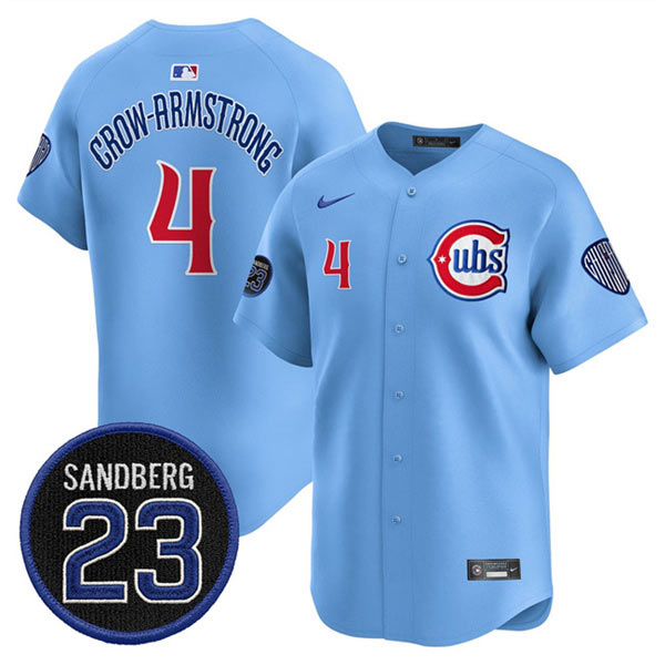 Men's Chicago Cubs 4 Pete Crow Armstrong Blue 'Ryne Sandberg Tribute' Vapor Limited V2 Stitched Baseball Jersey