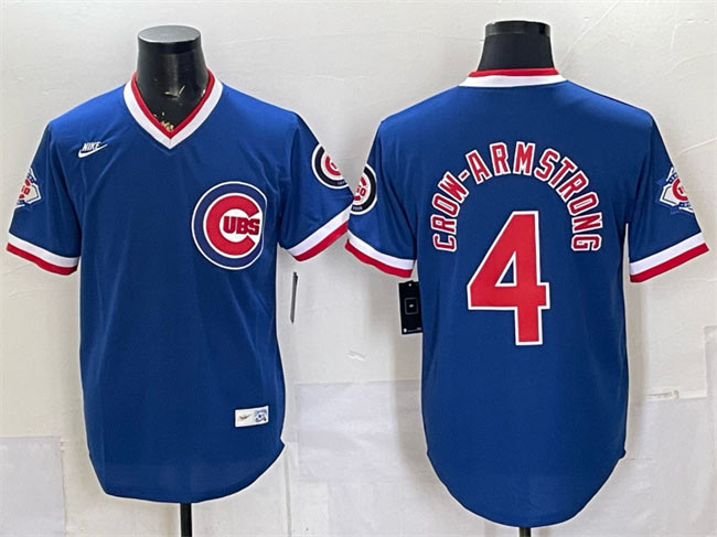Men's Chicago Cubs 4 Pete Crow Armstrong Royal 150th Anniversary Throwback Vapor Limited Stitched Baseball Jersey