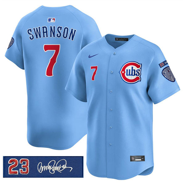 Men's Chicago Cubs 7 Dansby Swanson Blue 'Ryne Sandberg Tribute' Vapor Limited V3 Stitched Baseball Jersey