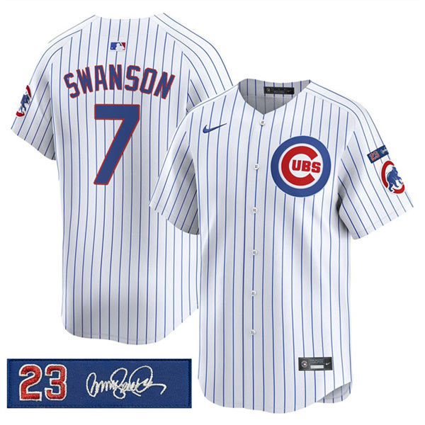 Men's Chicago Cubs 7 Dansby Swanson White Pinstripe 'Ryne Sandberg Tribute' Vapor Limited V3 Stitched Baseball Jersey