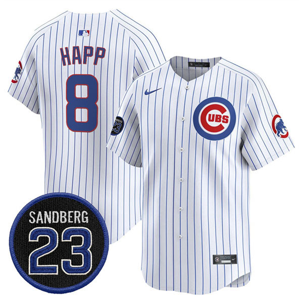 Men's Chicago Cubs 8 lan Happ White Pinstripe 'Ryne Sandberg Tribute' Vapor Limited V2 Stitched Baseball Jersey
