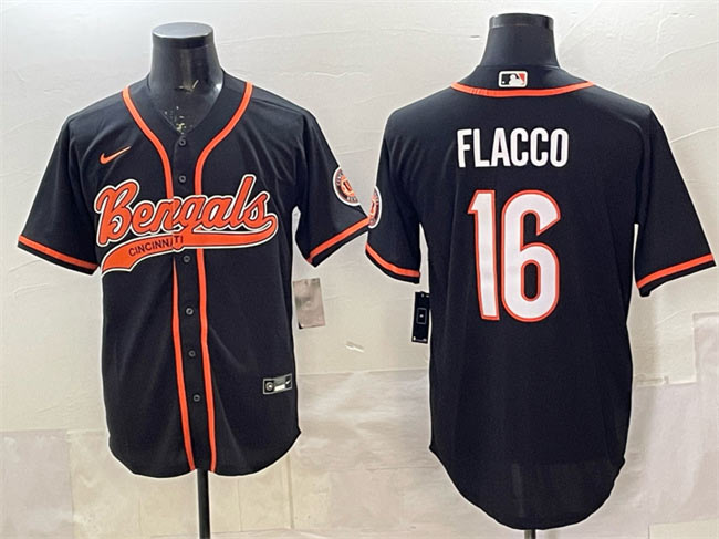 Men's Cincinnati Bengals 16 Joe Flacco Black With Patch Cool Base Stitched Baseball Jersey