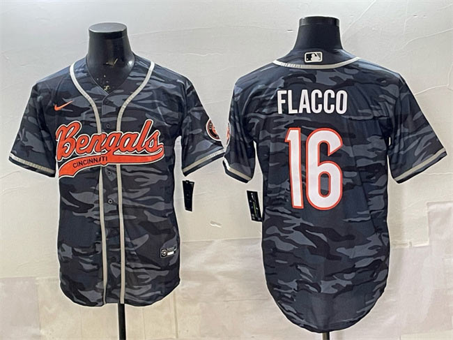 Men's Cincinnati Bengals 16 Joe Flacco Grey Camo With Patch Cool Base Stitched Baseball Jersey
