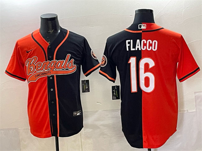 Men's Cincinnati Bengals 16 Joe Flacco Orange Black Split With Patch Cool Base Stitched Baseball Jersey