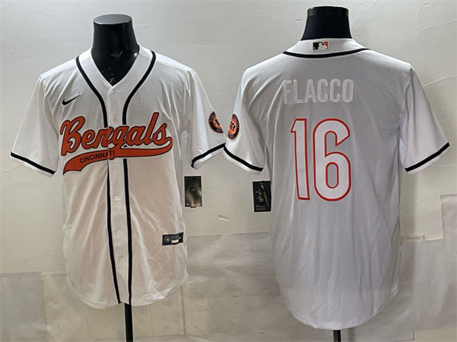 Men's Cincinnati Bengals 16 Joe Flacco White With Patch Cool Base Stitched Baseball Jersey