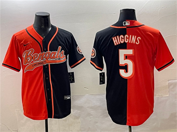 Men's Cincinnati Bengals 5 Tee Higgins Orange Black Split With Patch Cool Base Stitched Jersey