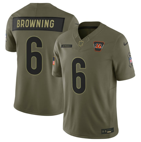 Men's Cincinnati Bengals 6 Jake Browning Olive 2025 Salute to Service Limited Football Stitched Jersey