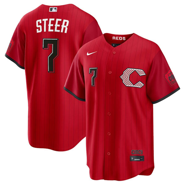 Men's Cincinnati Reds 7 Spencer Steer Red 2026 City Connect Stadium Stitched Baseball Jersey