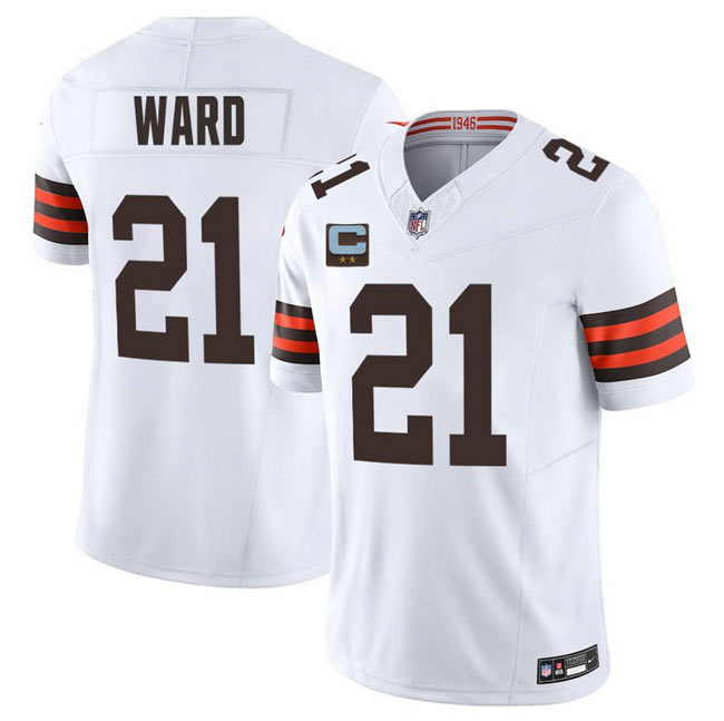Men's Cleveland Browns 21 Denzel Ward White 2025 F.U.S.E. With 2 Star C Patch Vapor Limited Stitched Football Jersey