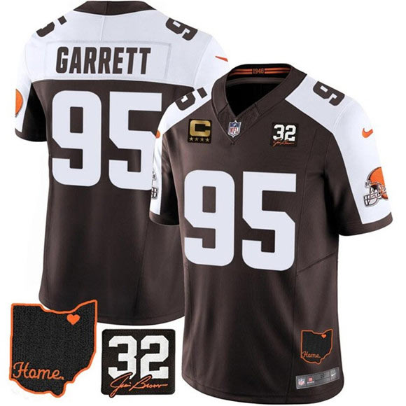 Men's Cleveland Browns 95 Myles Garrett Brown Alternate 2025 F.U.S.E. 4 Star C Patch With Jim Brown Memorial & Home Patch Vapor Limited Football Stitched Jersey