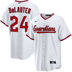 Men's Cleveland Guardians 24 Chase DeLauter White Cool Base Limited Stitched Baseball Jersey