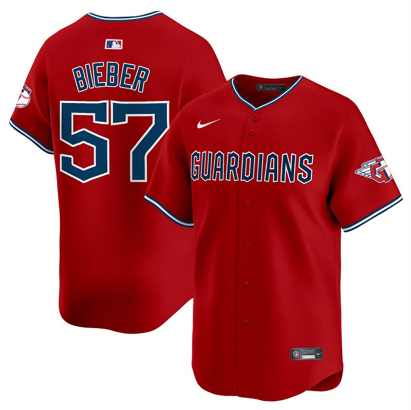 Men's Cleveland Guardians 57 Shane Bieber Red Alternate Limited Stitched Baseball Jersey