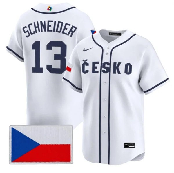 Men's Czech Republic Baseball 13 Martin Schneider Nike White 2026 World Baseball Classic Jersey