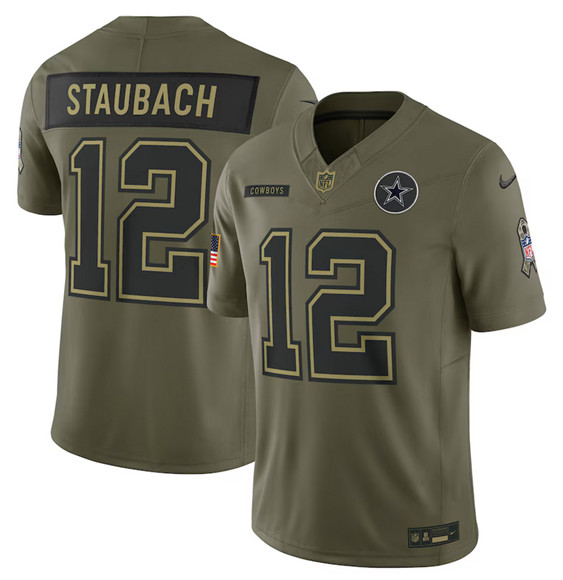 Men's Dallas Cowboys 12 Roger Staubach Olive 2025 Salute to Service Limited Football Stitched Jersey