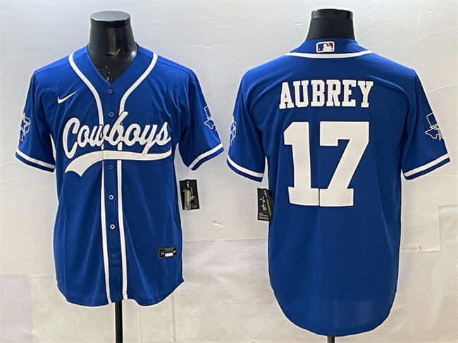 Men's Dallas Cowboys 17 Brandon Aubrey Blue Cool Base Stitched Baseball Jersey