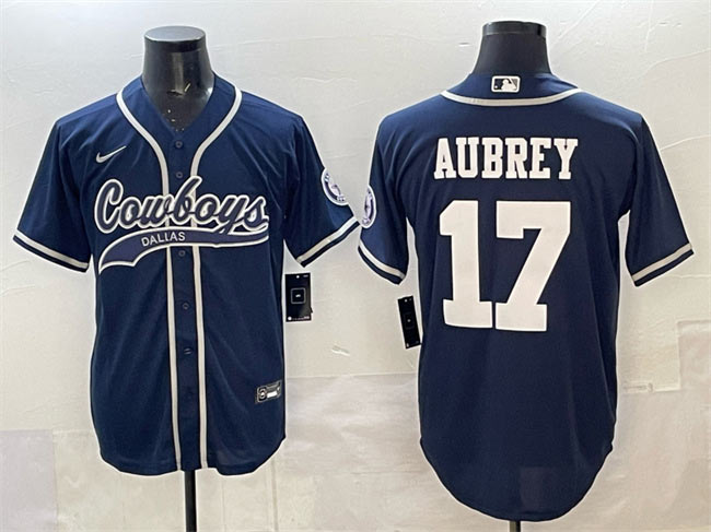 Men's Dallas Cowboys 17 Brandon Aubrey Navy Cool Base Stitched Baseball Jersey