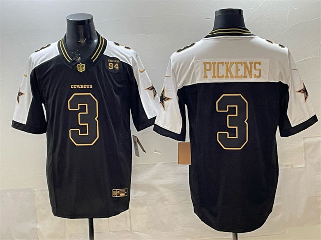 Men's Dallas Cowboys 3 George pickens Black Gold 2025 F.U.S.E. 94 Marshawn Kneeland Memorial Patch Vapor Limited Stitched Football Jersey