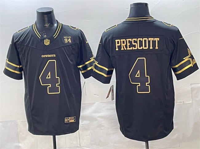 Men's Dallas Cowboys 4 Dak Prescott Black Gold 2025 F.U.S.E. 94 Marshawn Kneeland Memorial Patch Vapor Limited Stitched Football Jersey