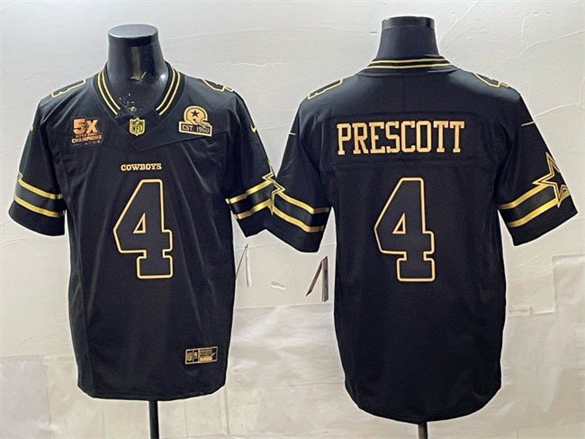 Men's Dallas Cowboys 4 Dak Prescott Black Gold 2025 F.U.S.E. With 5x Super Bowl Champions & Established In 1960 Patch Vapor Limited Stitched Football Jersey