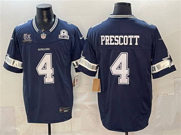 Men's Dallas Cowboys 4 Dak Prescott Navy F.U.S.E. With 5x Super Bowl Champions & Established In 1960 Patch Vapor Limited Stitched Football Jersey