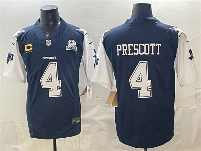 Men's Dallas Cowboys 4 Dak Prescott Navy F.U.S.E. With Established In 1960 Patch And 4 Star C Patch Vapor Limited Stitched Football Jersey