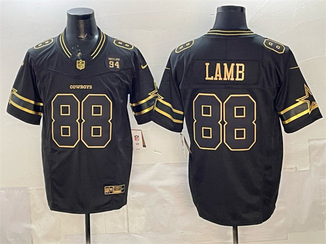 Men's Dallas Cowboys 88 CeeDee Lamb Black Gold 2025 F.U.S.E. 94 Marshawn Kneeland Memorial Patch Vapor Limited Stitched Football Jersey