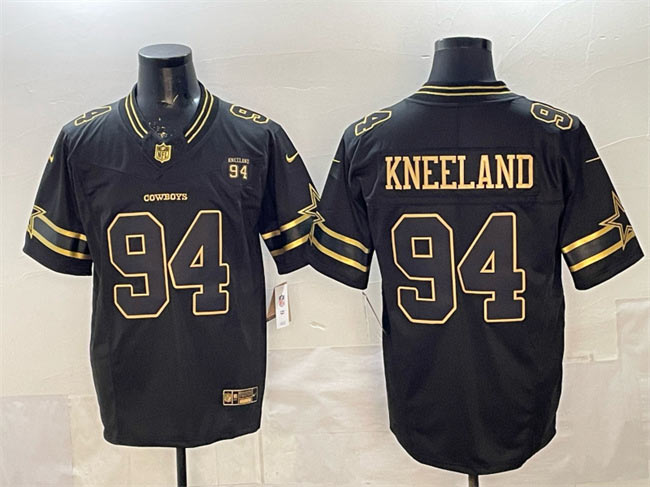 Men's Dallas Cowboys 94 Marshawn Kneeland Black Gold 2025 F.U.S.E. 94 Marshawn Kneeland Memorial Patch Vapor Limited Stitched Football Jersey