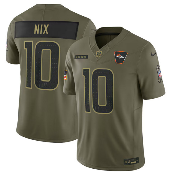 Men's Denver Broncos 10 Bo Nix Olive 2025 Salute to Service Limited Football Stitched Jersey