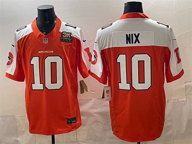 Men's Denver Broncos 10 Bo Nix Orange 2024 F.U.S.E. With 3 Time Champions Patch Throwback Vapor Limited Alternate Football Stitched Jersey