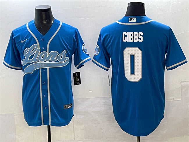 Men's Detroit Lions 0 Jahmyr Gibbs Blue Cool Base Stitched Baseball Jersey
