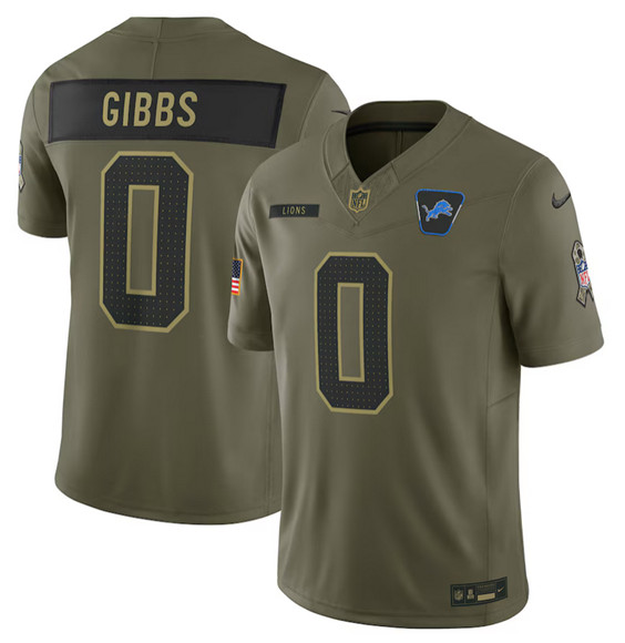 Men's Detroit Lions 0 Jahmyr Gibbs Olive 2025 Salute to Service Limited Football Stitched Jersey