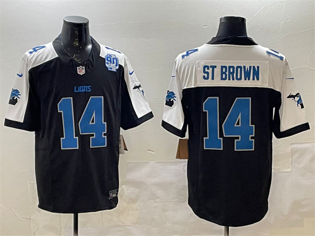 Men's Detroit Lions 14 Amon Ra St. Brown Black Alternate F.U.S.E. 2024 Michigan & 90th Anniversary Patch Vapor Limited Football Stitched Game Jersey