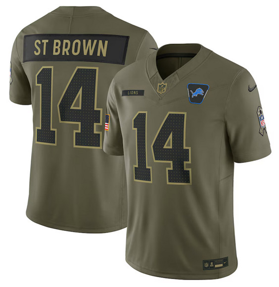 Men's Detroit Lions 14 Amon Ra St. Brown Olive 2025 Salute to Service Limited Football Stitched Jersey